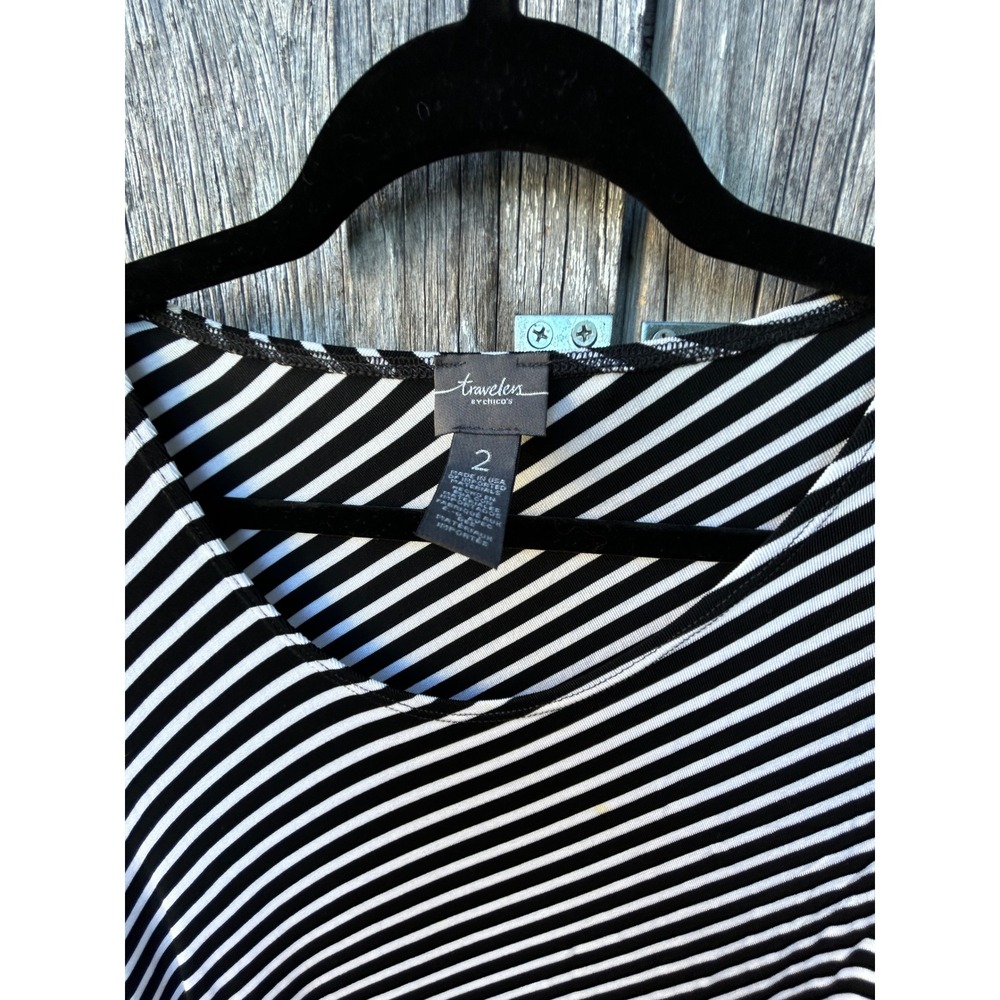 Chicos Travelers Black White Striped Maxi Dress V-Neck Short Sleeve Size 2 L - Picture 5 of 9